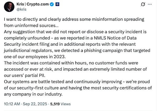 
			Crypto.com называет сообщение о неизвестной утечке пользовательских данных &laquo;необоснованным&raquo;		